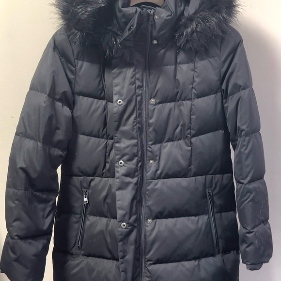 Lands End Womens Down Puffer Coat Black Faux Fur Hood Medium M Winter Jacket - Picture 3 of 8